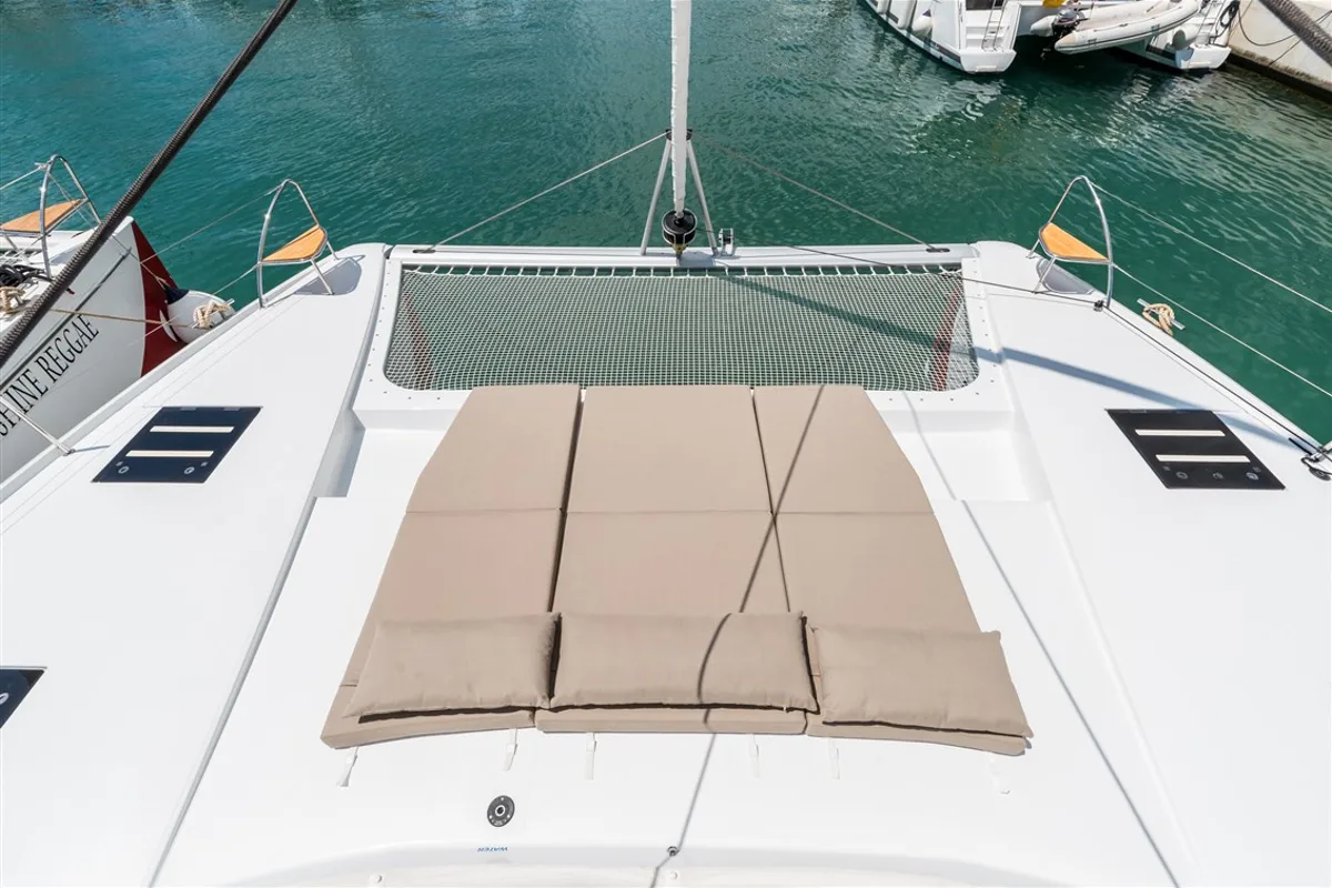 Deck of Sunny Wave, a Fountaine Pajot Saona 47 Quintet catamaran at Seget Donji, Croatia