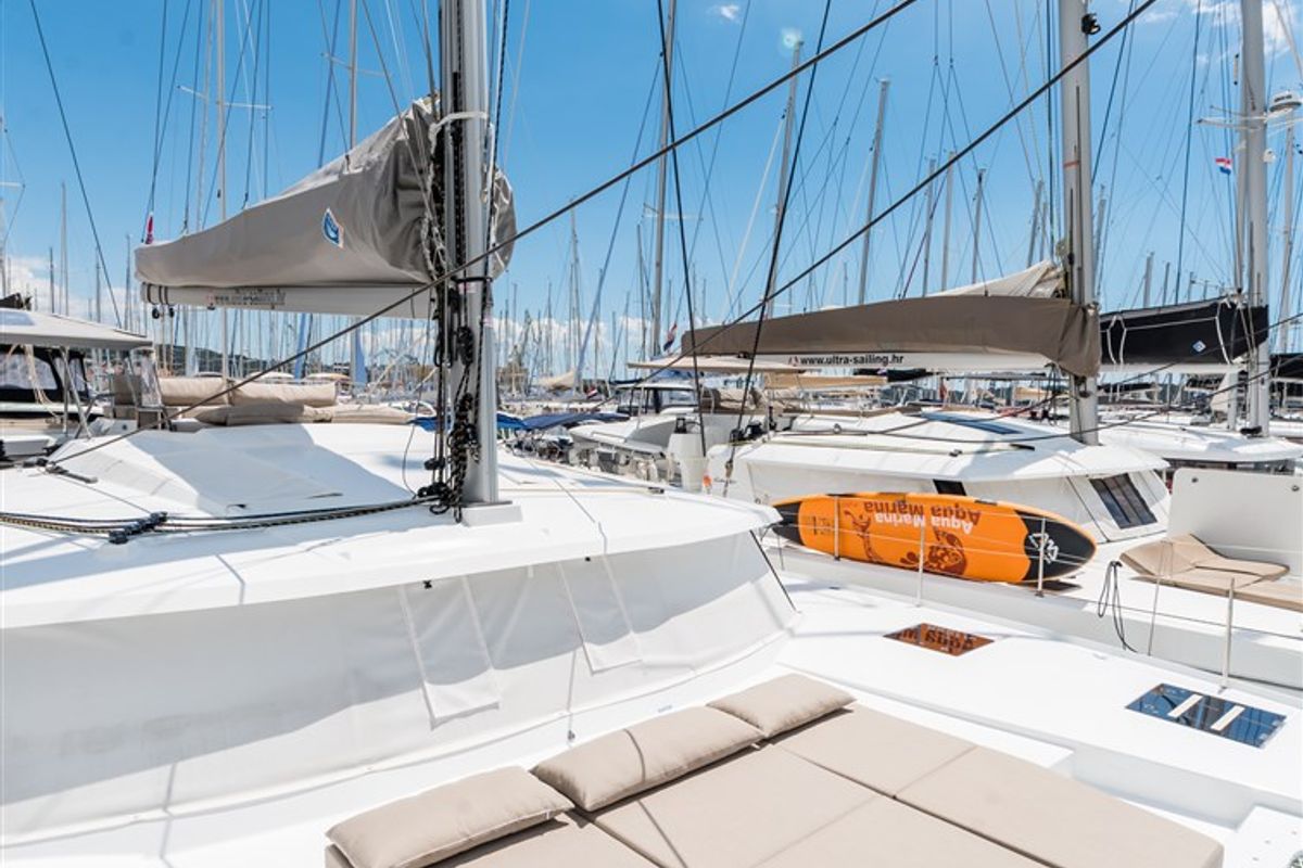Deck of Sunny Wave, a Fountaine Pajot Saona 47 Quintet catamaran at Seget Donji, Croatia