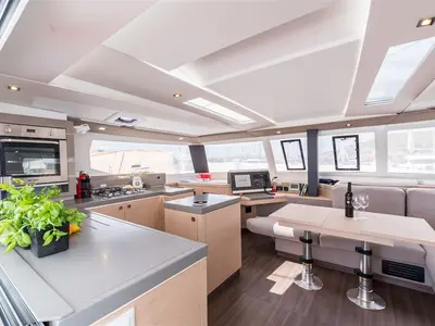 Salon of Sunny Wave, a Fountaine Pajot Saona 47 Quintet catamaran at Seget Donji, Croatia