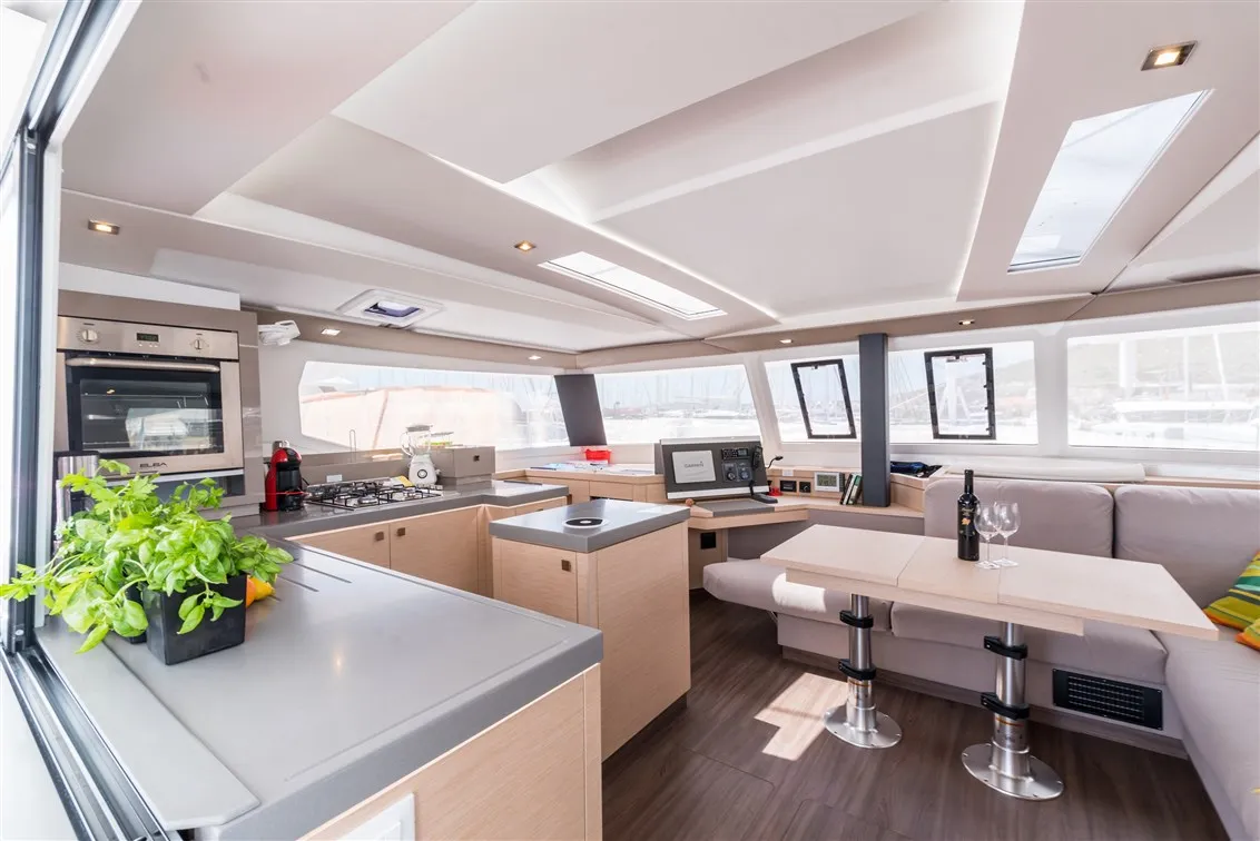 Salon of Sunny Wave, a Fountaine Pajot Saona 47 Quintet catamaran at Seget Donji, Croatia