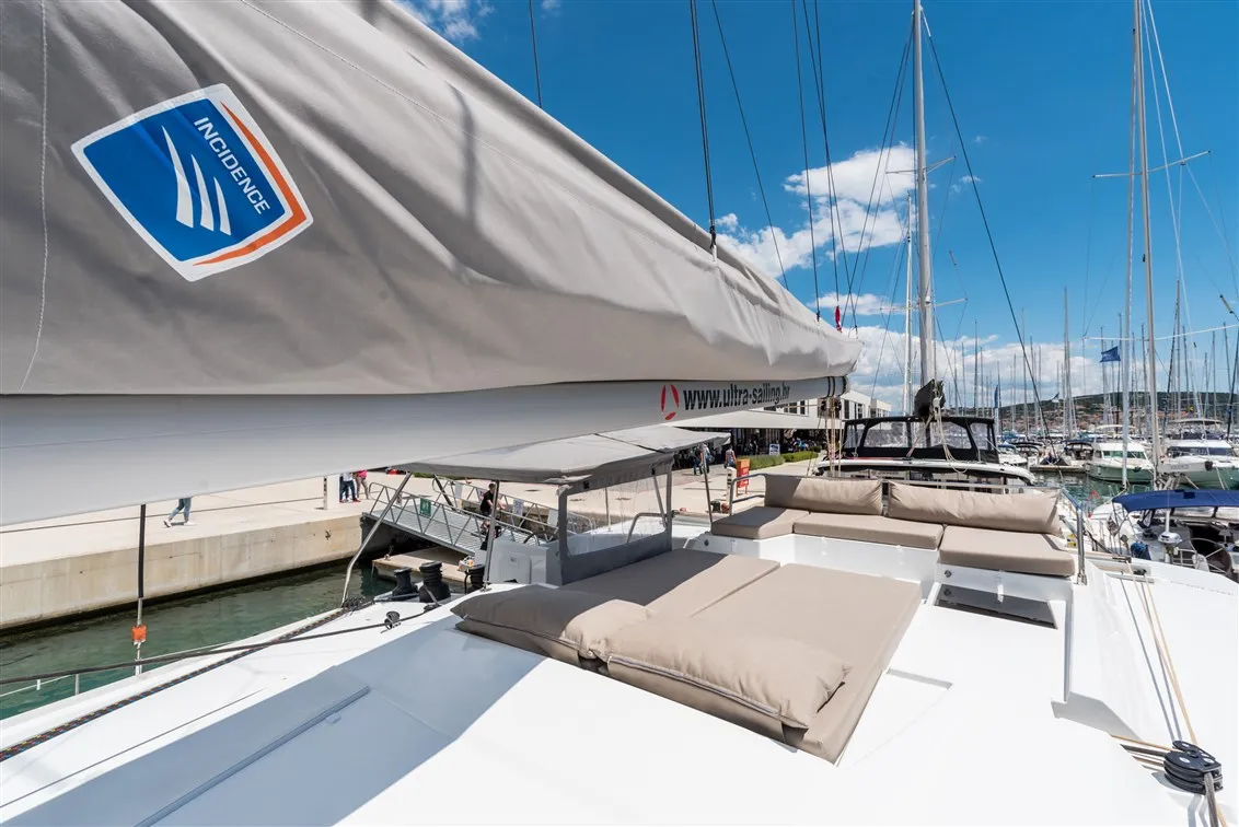 Deck of Sunny Wave, a Fountaine Pajot Saona 47 Quintet catamaran at Seget Donji, Croatia