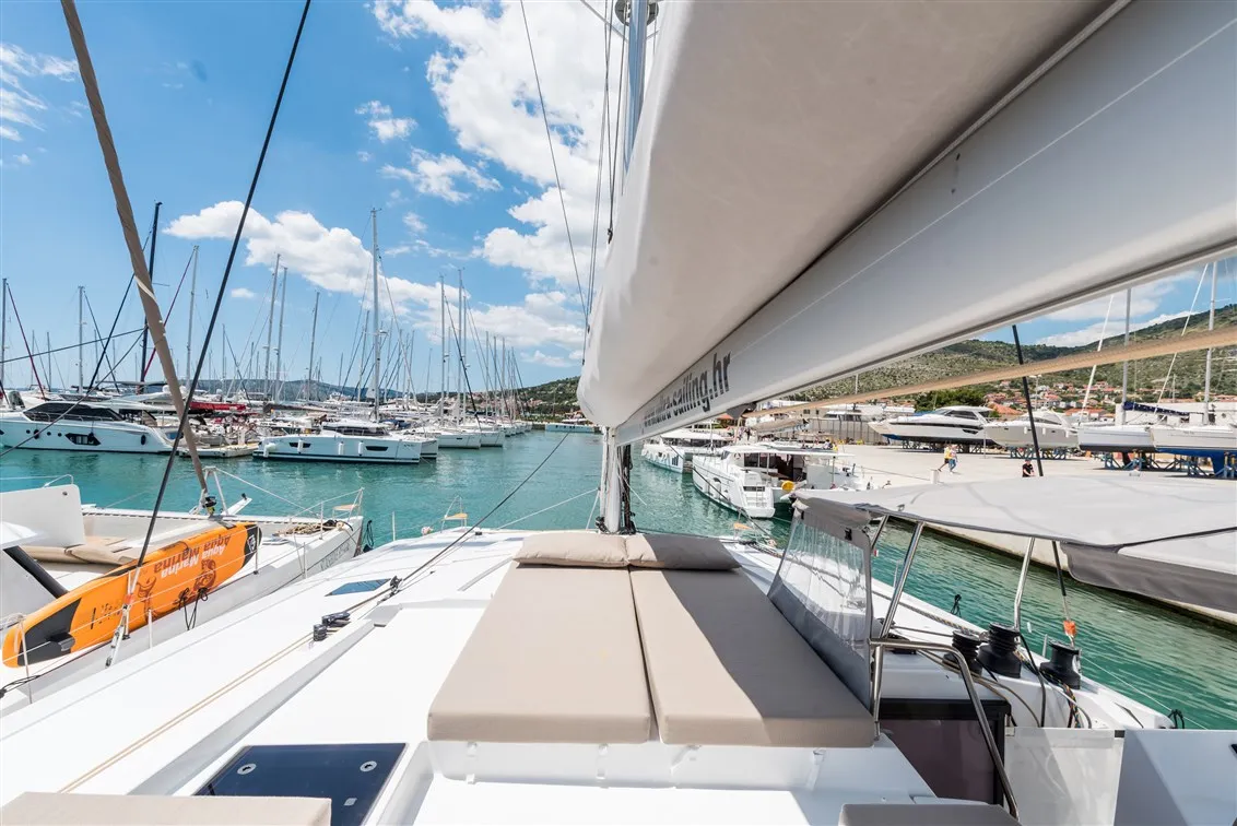 Deck of Sunny Wave, a Fountaine Pajot Saona 47 Quintet catamaran at Seget Donji, Croatia