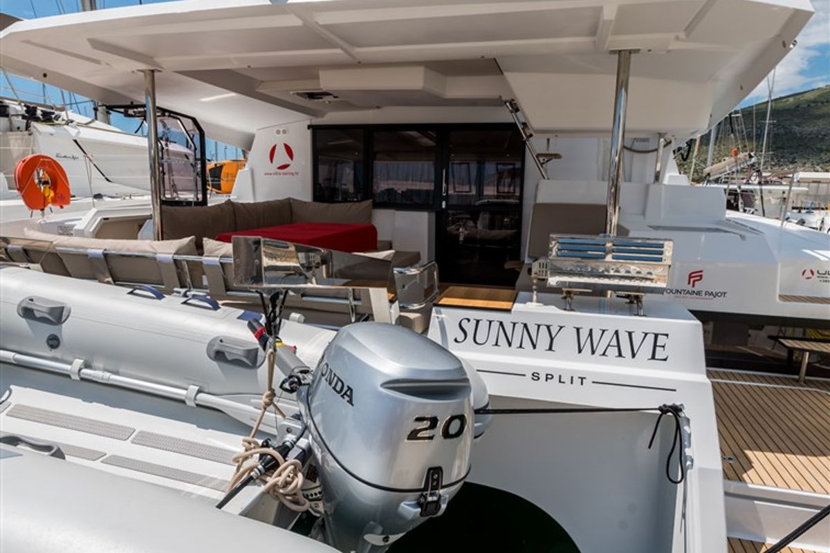 Exterior view of Sunny Wave, a Fountaine Pajot Saona 47 Quintet catamaran at Seget Donji, Croatia