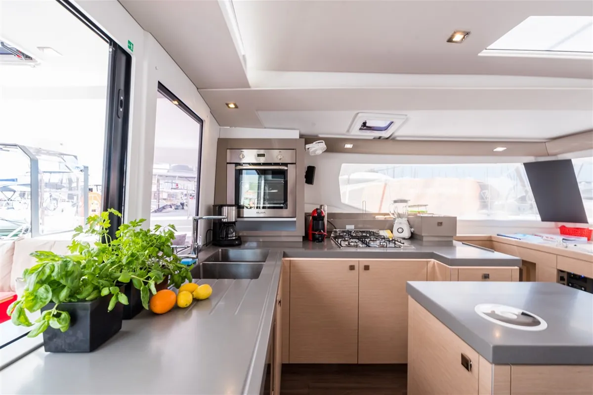 Galley of Sunny Wave, a Fountaine Pajot Saona 47 Quintet catamaran at Seget Donji, Croatia