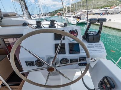 Cockpit of Sunny Wave, a Fountaine Pajot Saona 47 Quintet catamaran at Seget Donji, Croatia