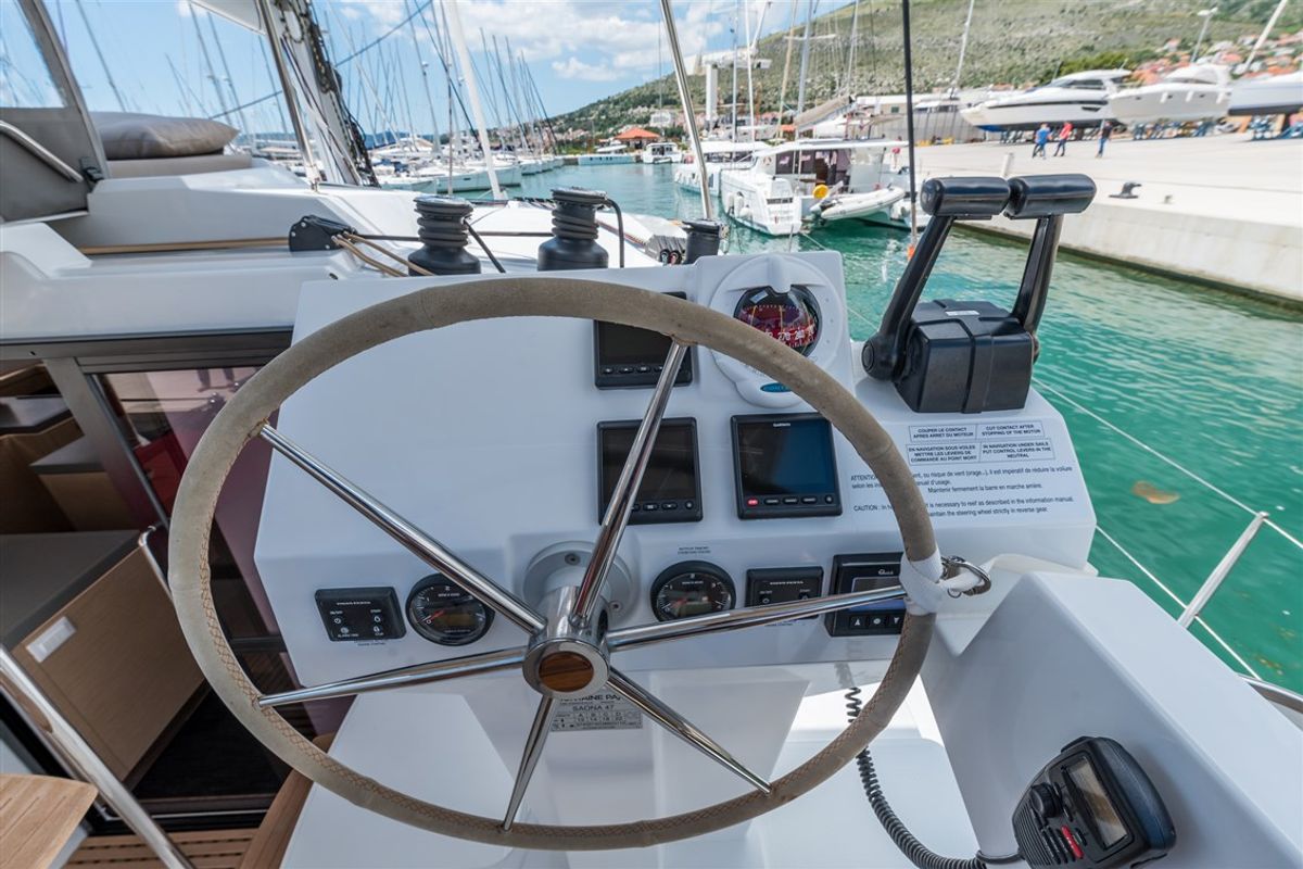 Cockpit of Sunny Wave, a Fountaine Pajot Saona 47 Quintet catamaran at Seget Donji, Croatia