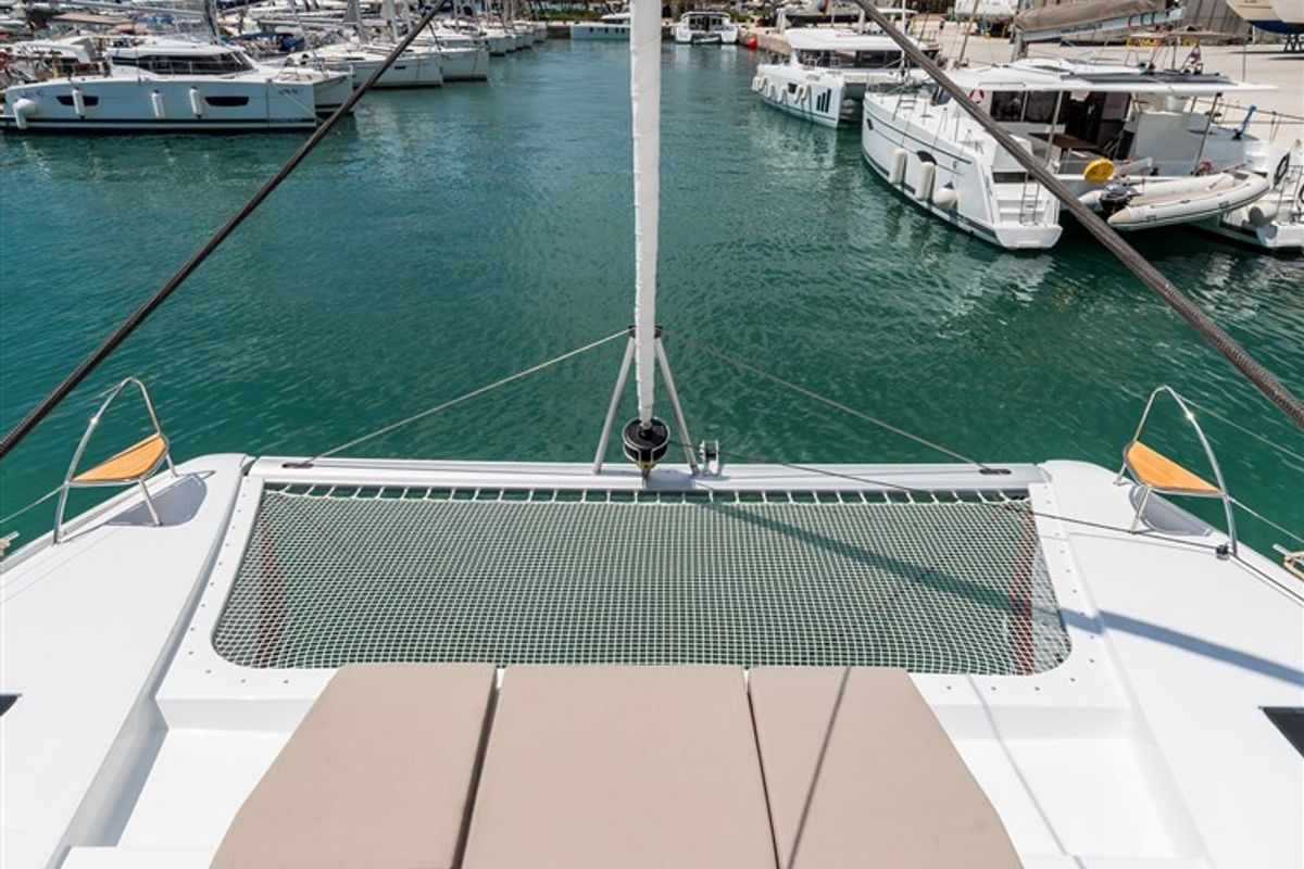 Deck of Sunny Wave, a Fountaine Pajot Saona 47 Quintet catamaran at Seget Donji, Croatia