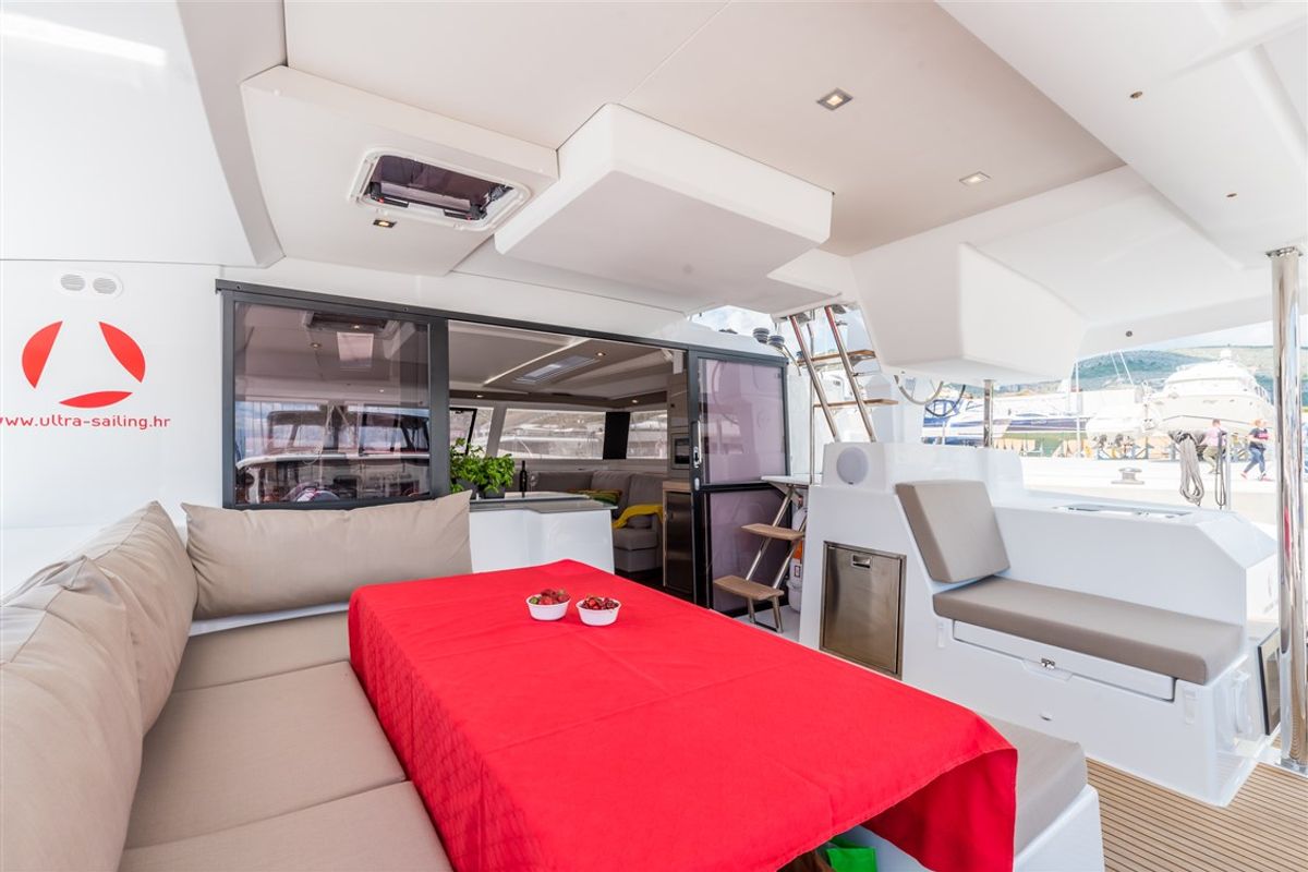 Deck of Sunny Wave, a Fountaine Pajot Saona 47 Quintet catamaran at Seget Donji, Croatia