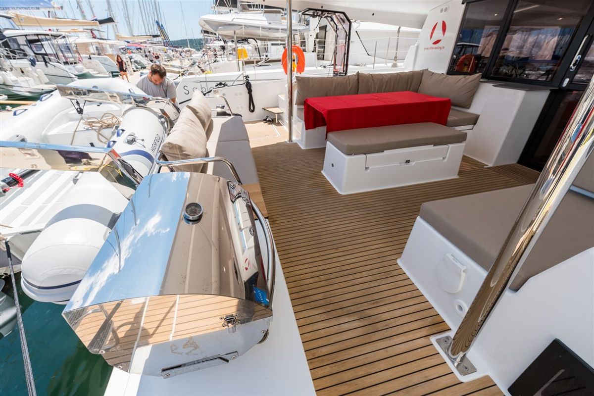 Deck of Sunny Wave, a Fountaine Pajot Saona 47 Quintet catamaran at Seget Donji, Croatia