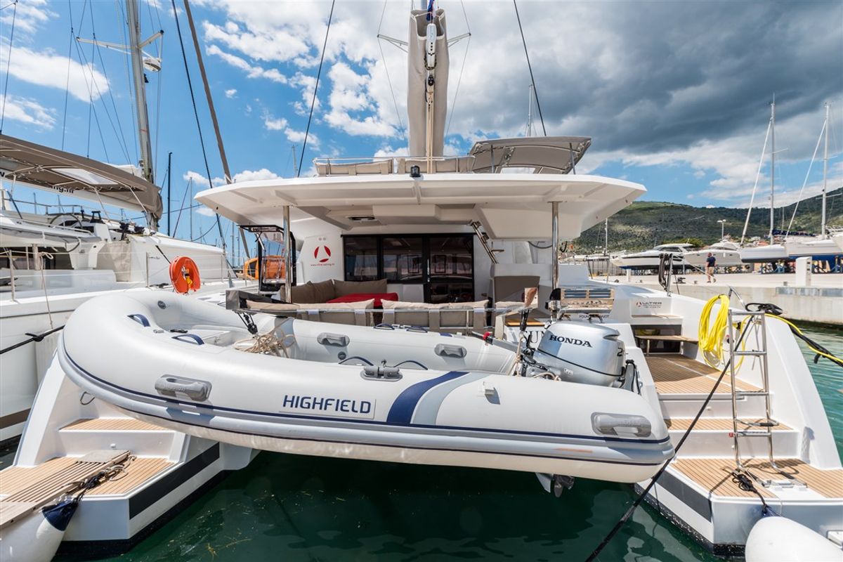 Exterior view of Sunny Wave, a Fountaine Pajot Saona 47 Quintet catamaran at Seget Donji, Croatia