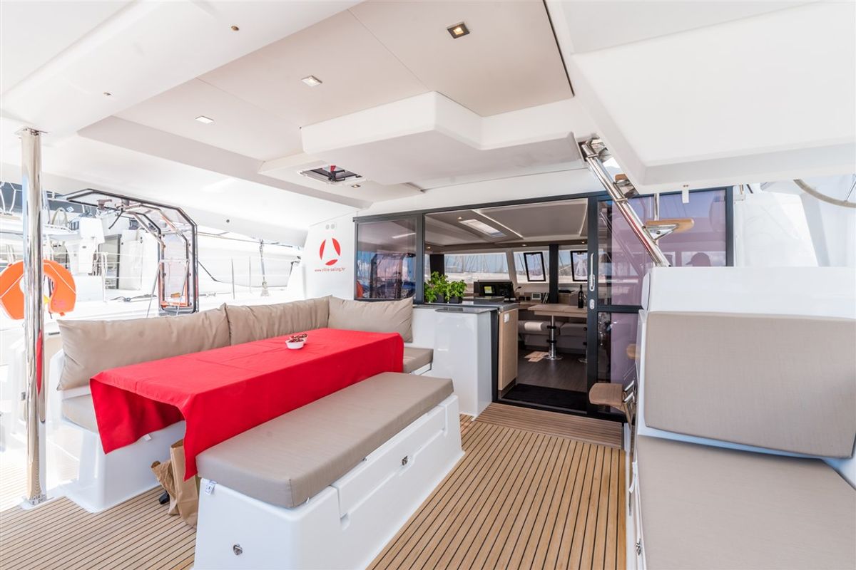 Deck of Sunny Wave, a Fountaine Pajot Saona 47 Quintet catamaran at Seget Donji, Croatia