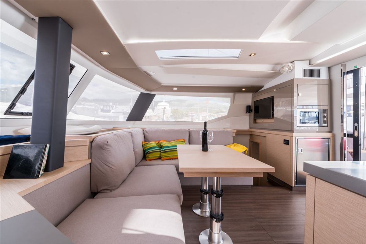 Salon of Sunny Wave, a Fountaine Pajot Saona 47 Quintet catamaran at Seget Donji, Croatia