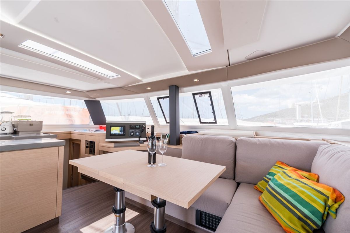 Salon of Sunny Wave, a Fountaine Pajot Saona 47 Quintet catamaran at Seget Donji, Croatia