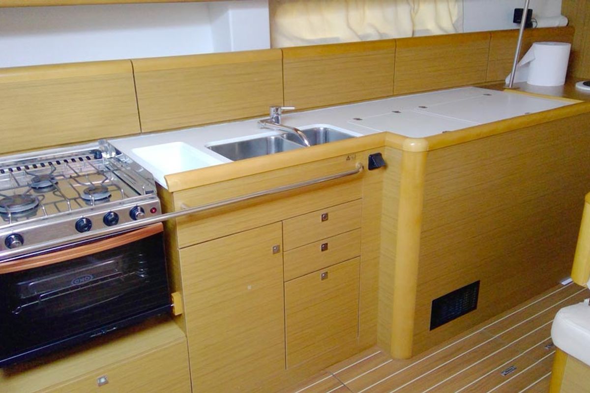 Galley of Tewa, a Jeanneau Sun Odyssey 44 i sailboat at Port Navalo, France