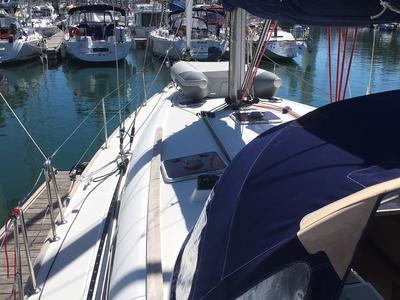 Deck of Tewa, a Jeanneau Sun Odyssey 44 i sailboat at Port Navalo, France
