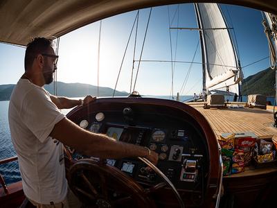 Cockpit of Queen of Datca, a Gulet Gulet gulet at Kos, Greece