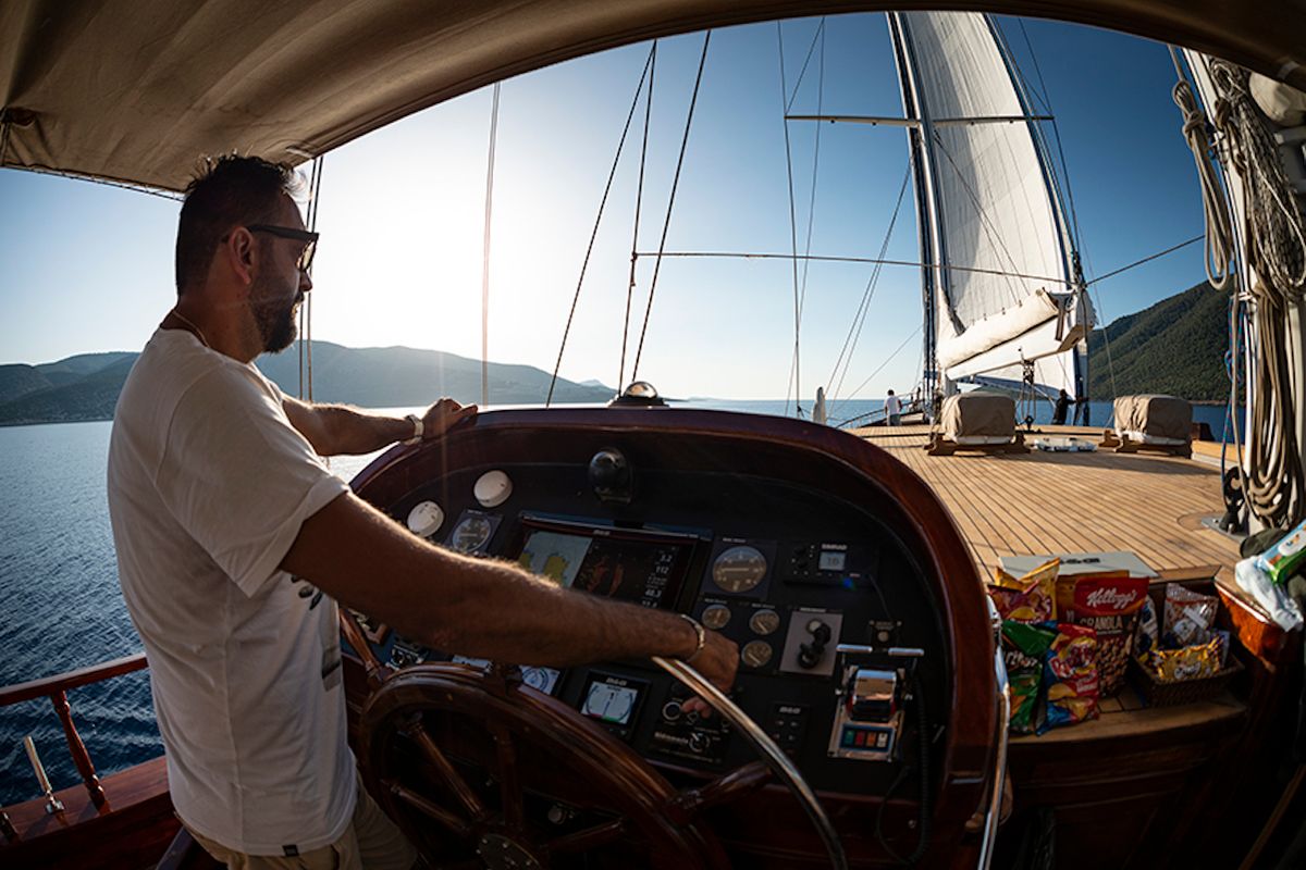 Cockpit of Queen of Datca, a Gulet Gulet gulet at Kos, Greece