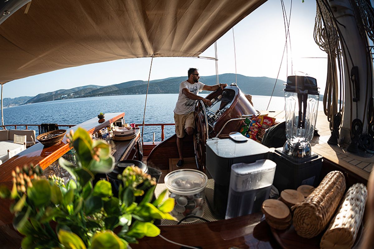 Cockpit of Queen of Datca, a Gulet Gulet gulet at Kos, Greece