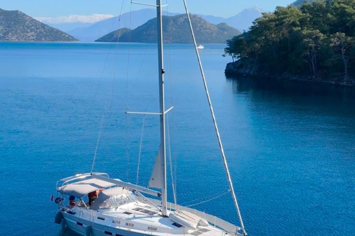 Exterior view of Viento, a Beneteau Oceanis 46 sailboat at Fethiye, Turkey