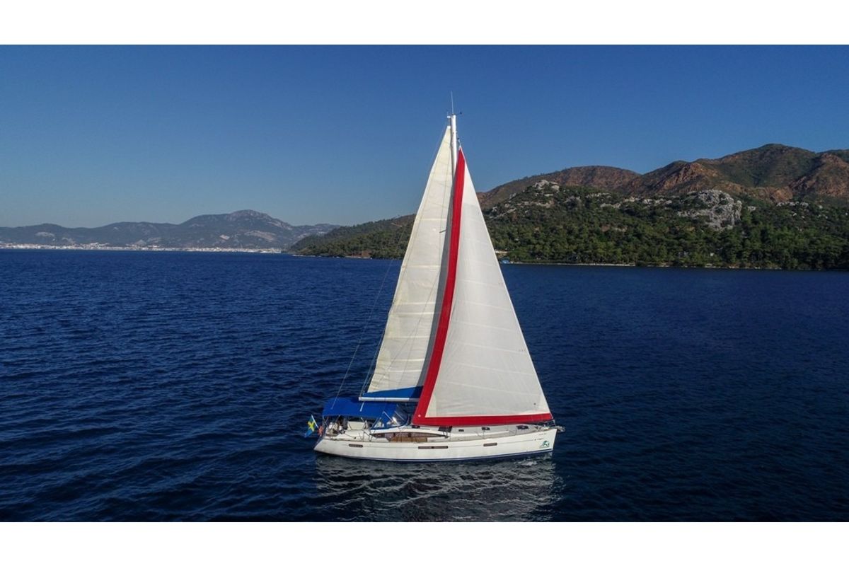 Exterior view of Instant Zero, a Jeanneau 53 sailboat at Marmaris, Turkey