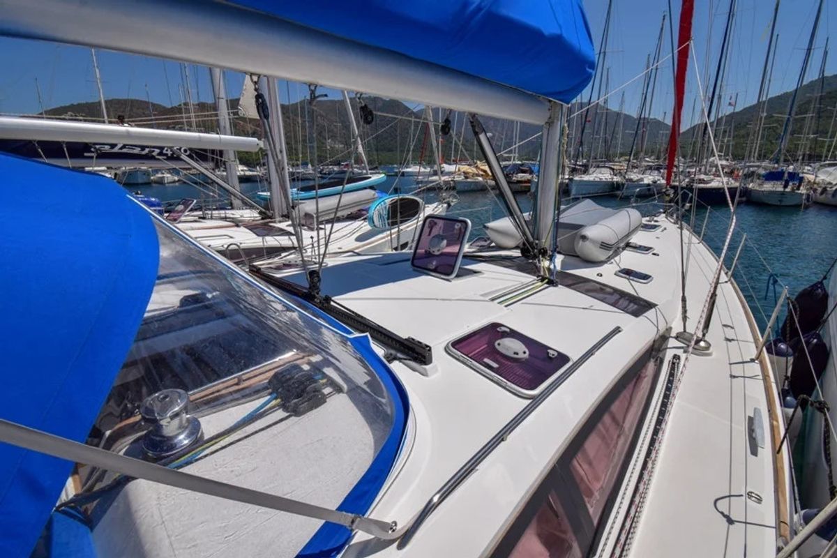 Deck of Instant Zero, a Jeanneau 53 sailboat at Marmaris, Turkey