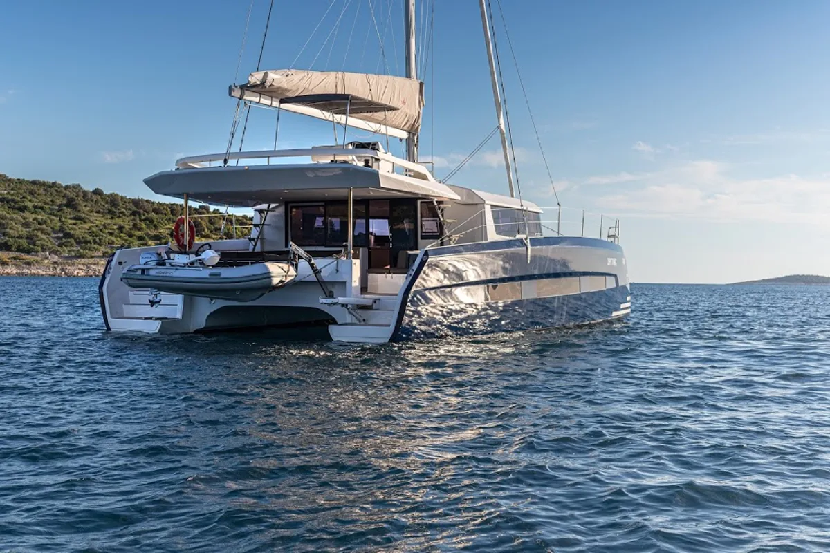 Exterior view of Yam, a Dufour 48 Catamaran catamaran at Primošten, Croatia