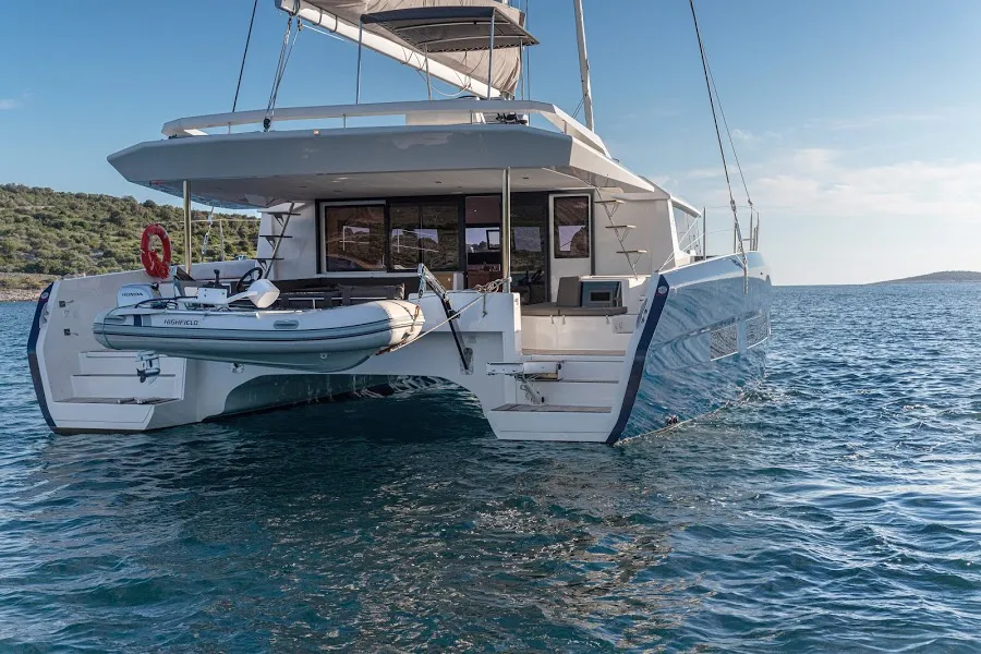 Exterior view of Yam, a Dufour 48 Catamaran catamaran at Primošten, Croatia