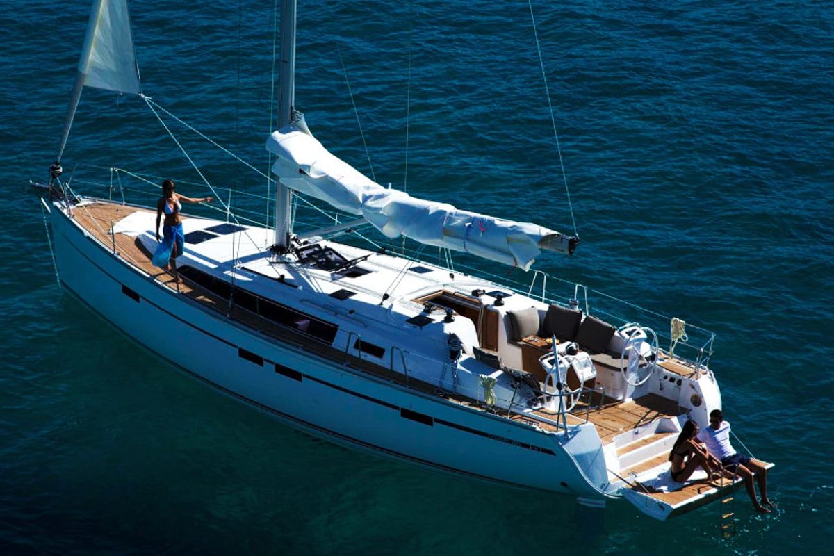 Exterior view of Jochi, a Bavaria Cruiser 46 sailboat at Ponta Delgada, Portugal