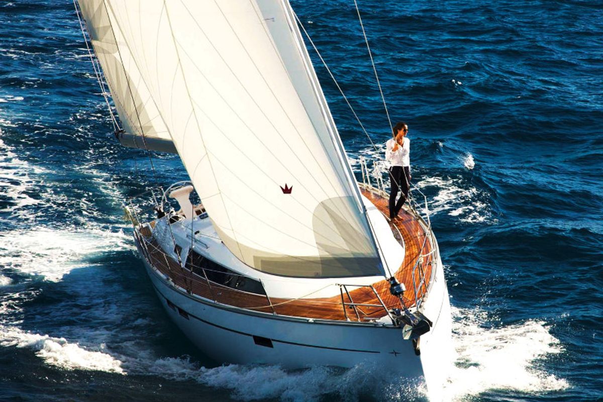 Exterior view of Jochi, a Bavaria Cruiser 46 sailboat at Ponta Delgada, Portugal