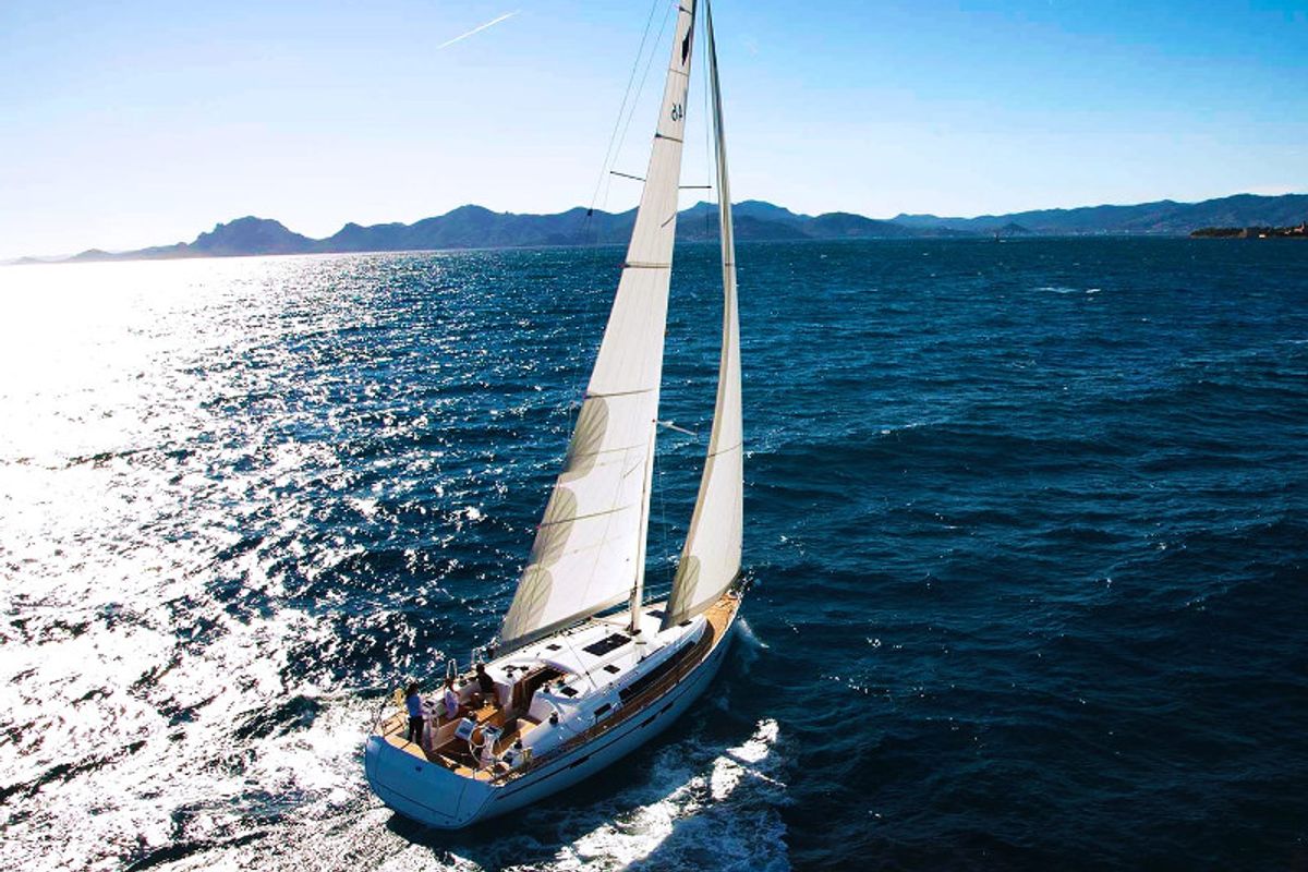 Exterior view of Jochi, a Bavaria Cruiser 46 sailboat at Ponta Delgada, Portugal