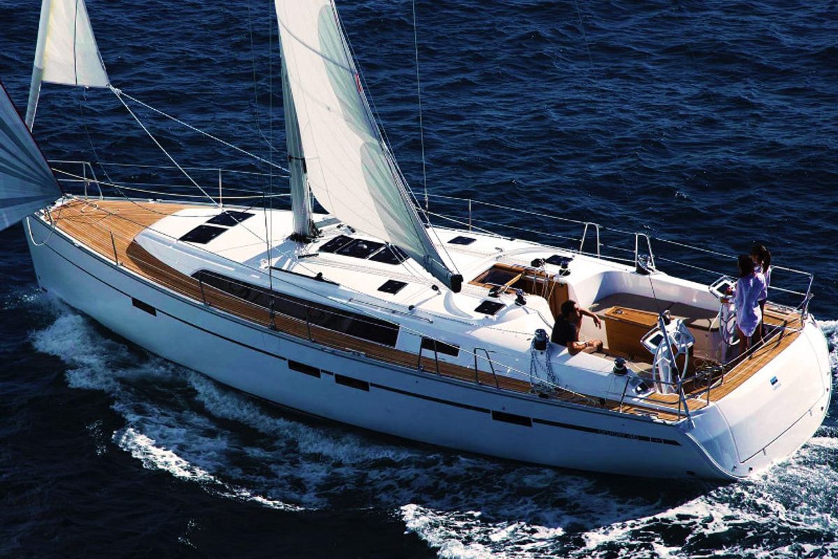 Exterior view of Jochi, a Bavaria Cruiser 46 sailboat at Ponta Delgada, Portugal