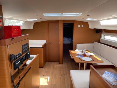 Salon of Electra, a Jeanneau Sun Odyssey 490 sailboat at Parikia, Greece
