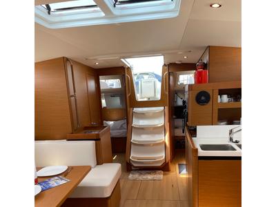 Salon of Electra, a Jeanneau Sun Odyssey 490 sailboat at Parikia, Greece