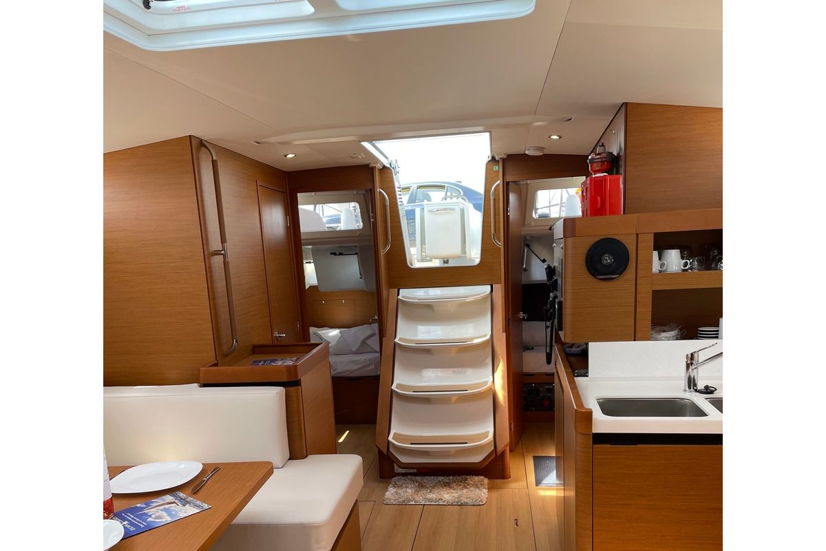 Salon of Electra, a Jeanneau Sun Odyssey 490 sailboat at Parikia, Greece