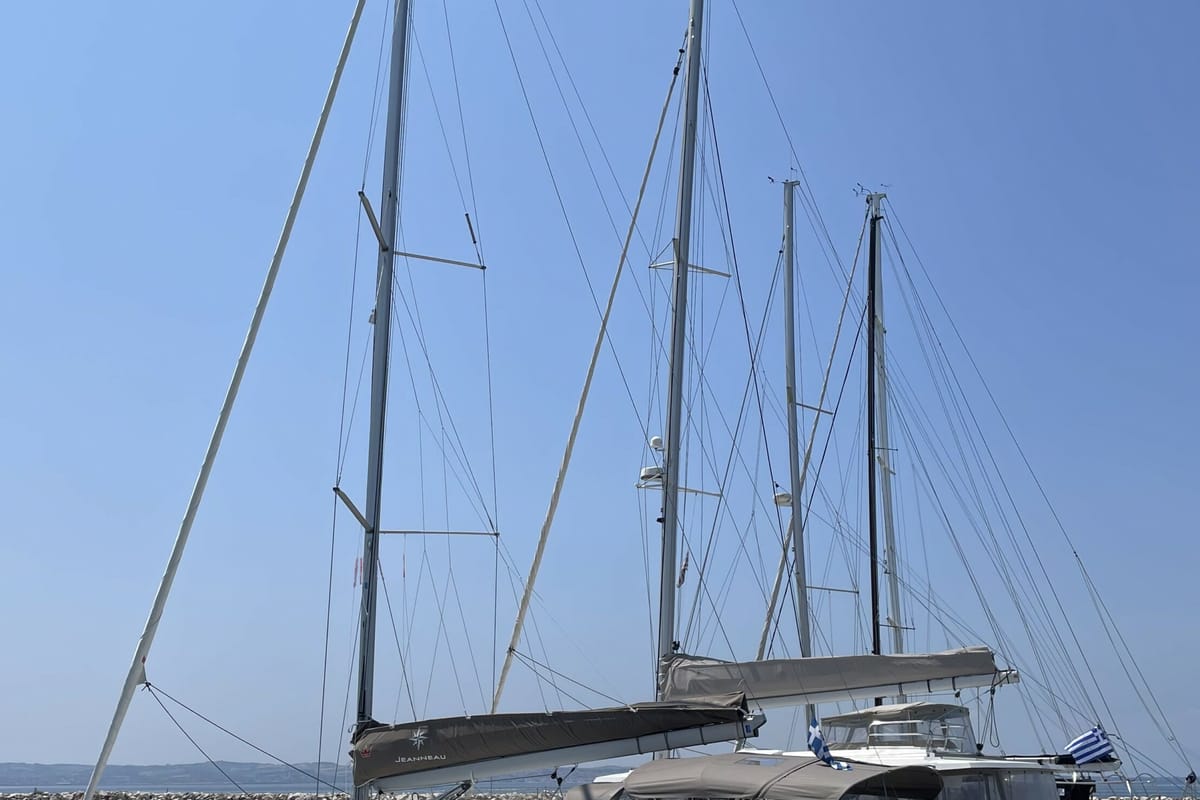 Exterior view of Electra, a Jeanneau Sun Odyssey 490 sailboat at Parikia, Greece