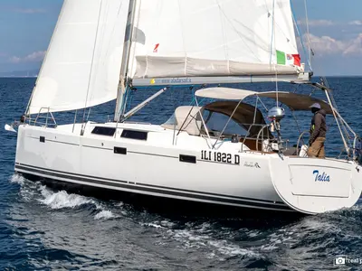 Exterior view of Talia, a Hanse Yachts Hanse 415 sailboat at Puntone di Scarlino, Italy