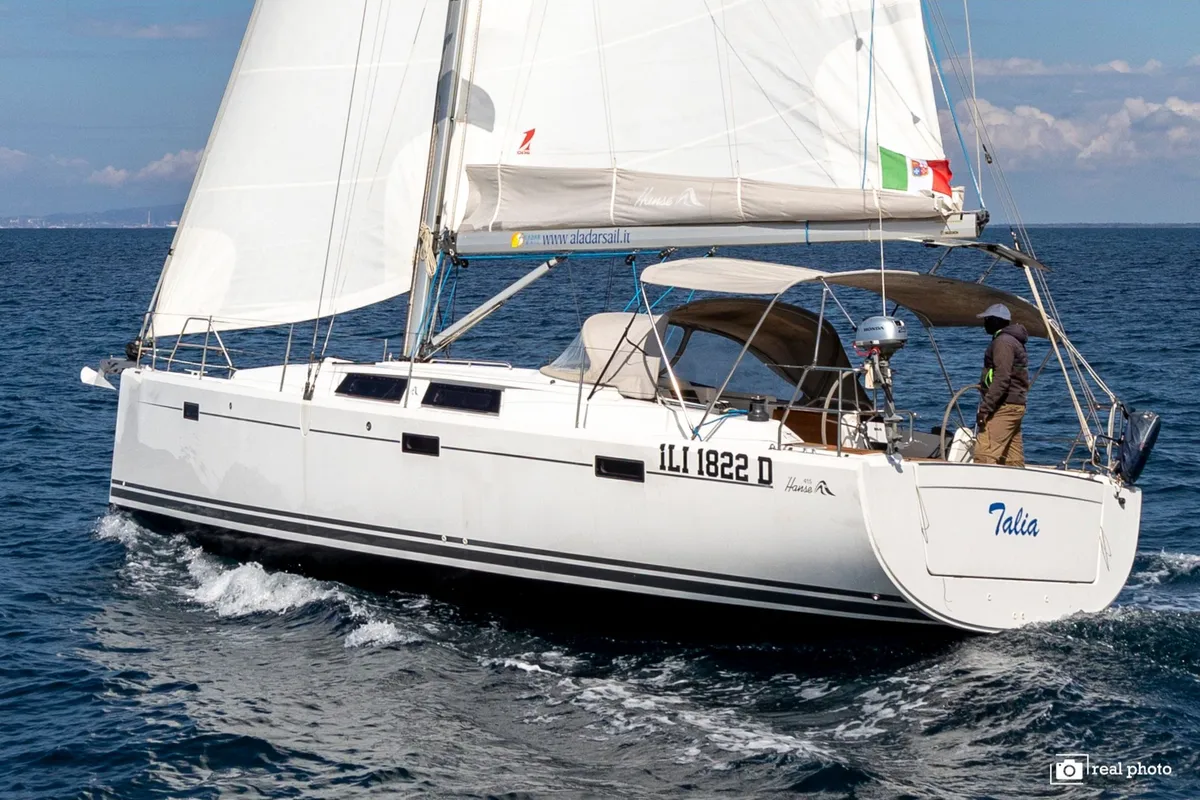 Exterior view of Talia, a Hanse Yachts Hanse 415 sailboat at Puntone di Scarlino, Italy