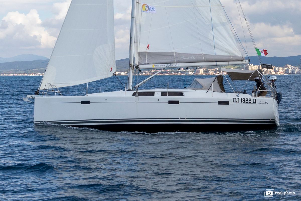 Exterior view of Talia, a Hanse Yachts Hanse 415 sailboat at Puntone di Scarlino, Italy