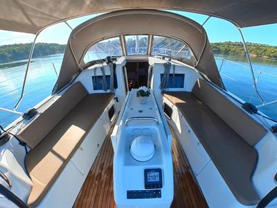 Cockpit of Kingfisher, a Jeanneau Sun Odyssey 410 sailboat at Pirovac, Croatia