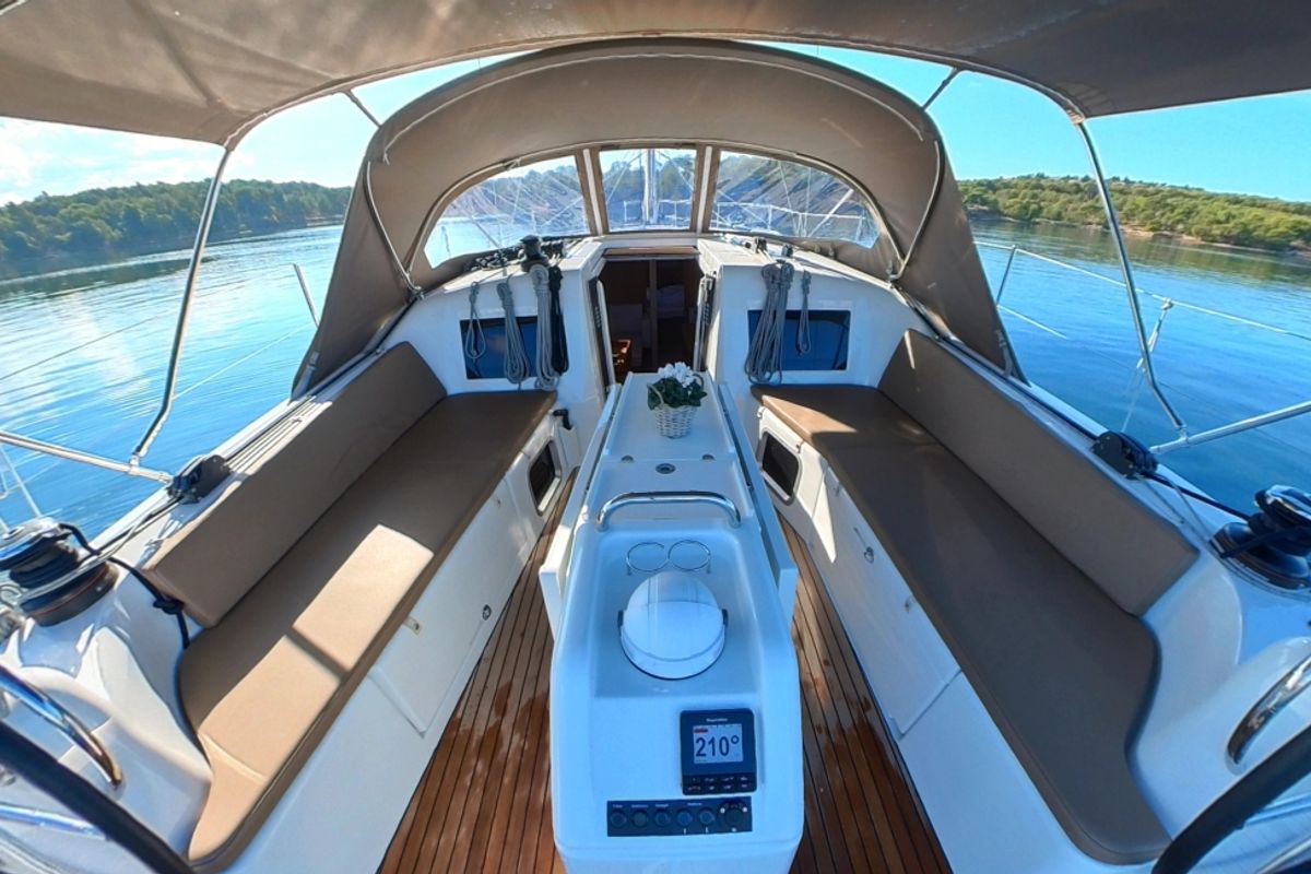 Cockpit of Kingfisher, a Jeanneau Sun Odyssey 410 sailboat at Pirovac, Croatia