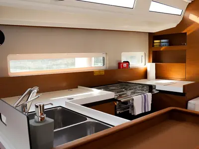 Galley of Kingfisher, a Jeanneau Sun Odyssey 410 sailboat at Pirovac, Croatia