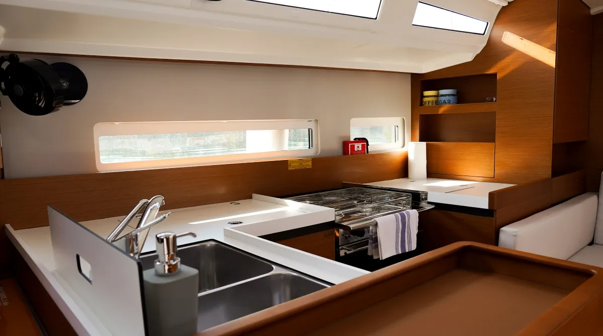 Galley of Kingfisher, a Jeanneau Sun Odyssey 410 sailboat at Pirovac, Croatia