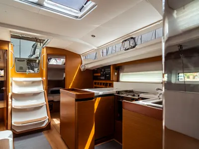 Galley of Marilyn, a Jeanneau Sun Odyssey 440 sailboat at Olbia, Italy