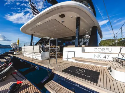 Deck of MyMaria, a Sunreef Yachts Sunreef 60 catamaran at Municipal Unit of Lefkada, Greece