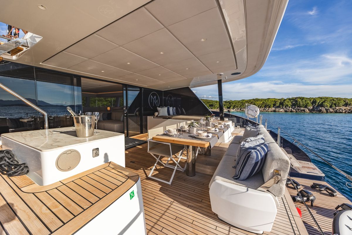 Deck of MyMaria, a Sunreef Yachts Sunreef 60 catamaran at Municipal Unit of Lefkada, Greece