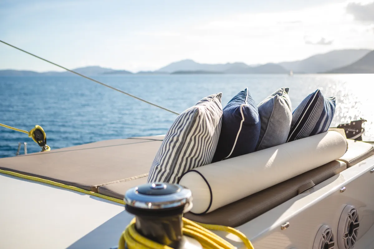 Deck of MyMaria, a Sunreef Yachts Sunreef 60 catamaran at Municipal Unit of Lefkada, Greece