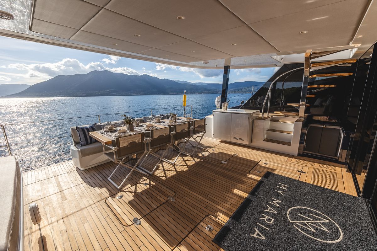 Deck of MyMaria, a Sunreef Yachts Sunreef 60 catamaran at Municipal Unit of Lefkada, Greece