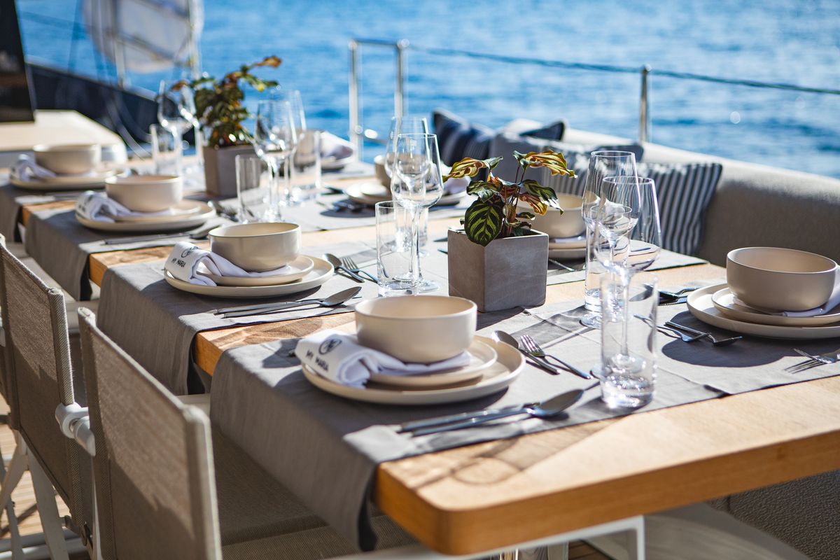 Deck of MyMaria, a Sunreef Yachts Sunreef 60 catamaran at Municipal Unit of Lefkada, Greece