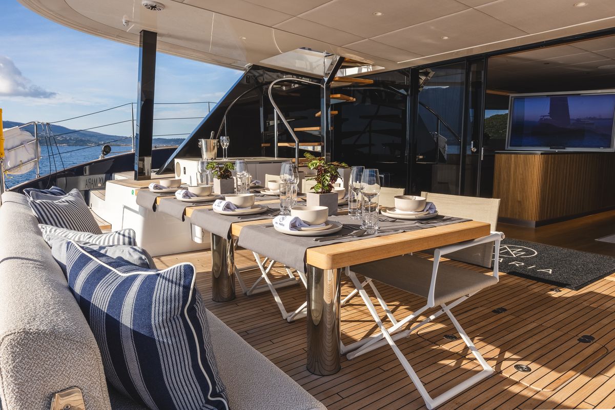 Deck of MyMaria, a Sunreef Yachts Sunreef 60 catamaran at Municipal Unit of Lefkada, Greece
