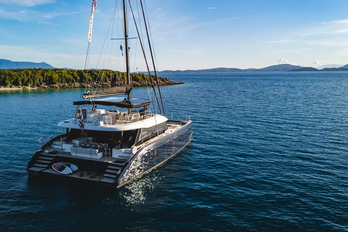 Exterior view of MyMaria, a Sunreef Yachts Sunreef 60 catamaran at Municipal Unit of Lefkada, Greece
